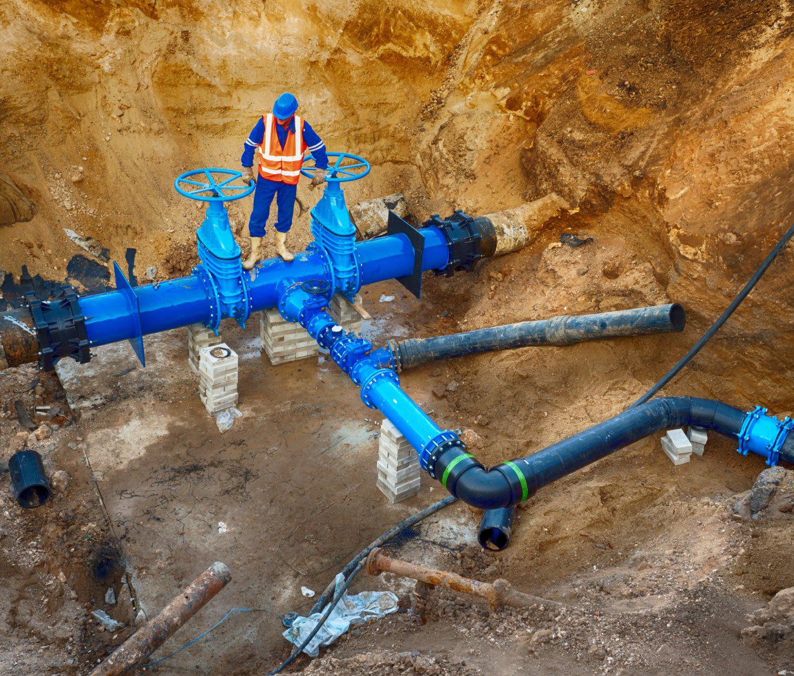 Worker inspecting a large blue pipeline in a deep trench.