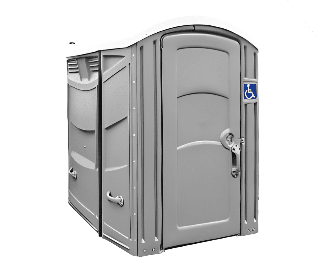 A gray portable toilet with a handicap accessibility sign.