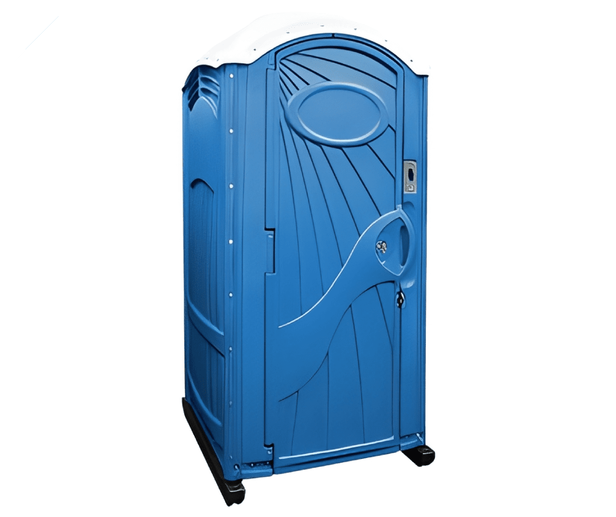 Blue portable toilet with a closed door, standing on a black base.