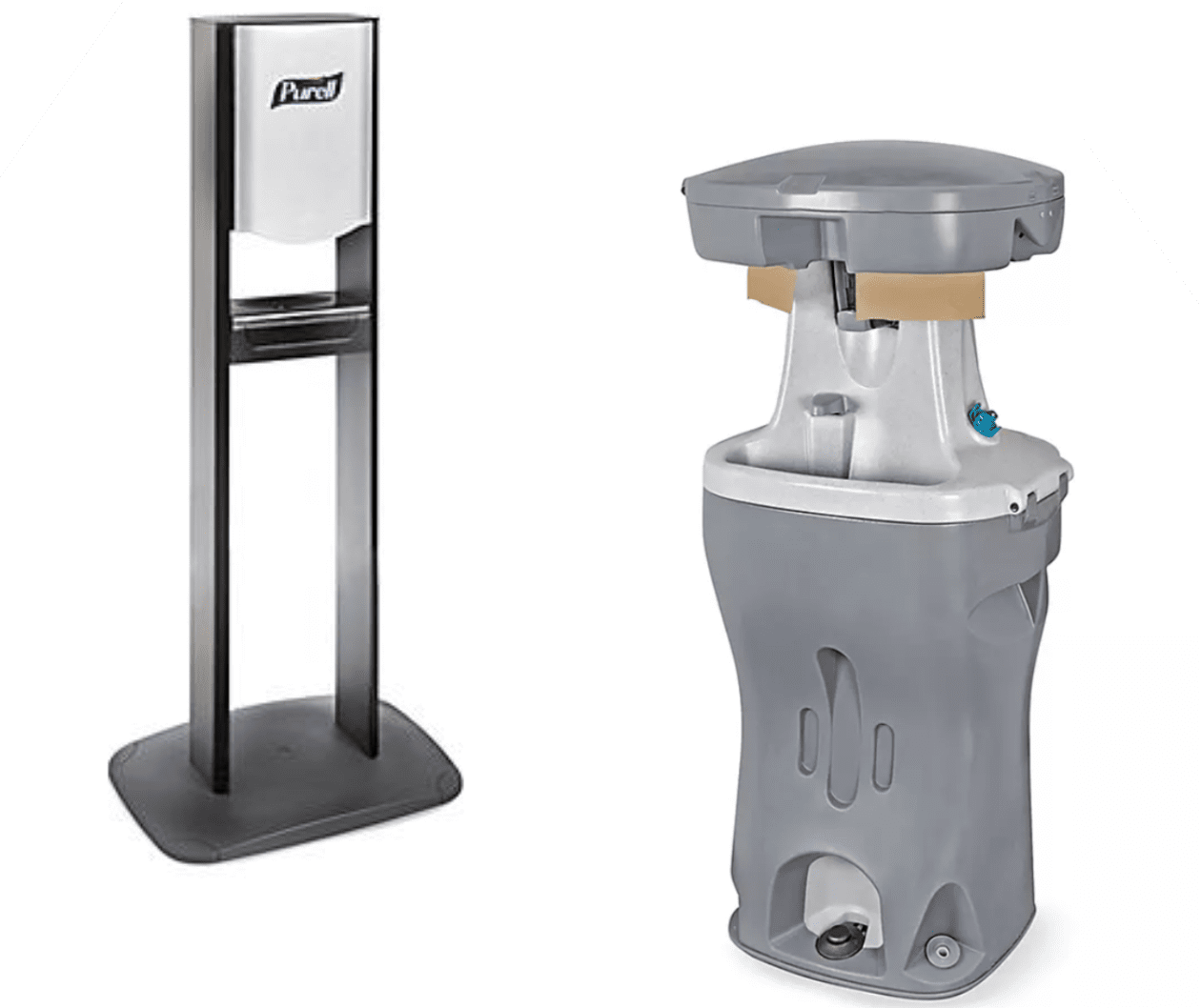 Two types of hand sanitizer dispensers: a floor stand and a portable unit.