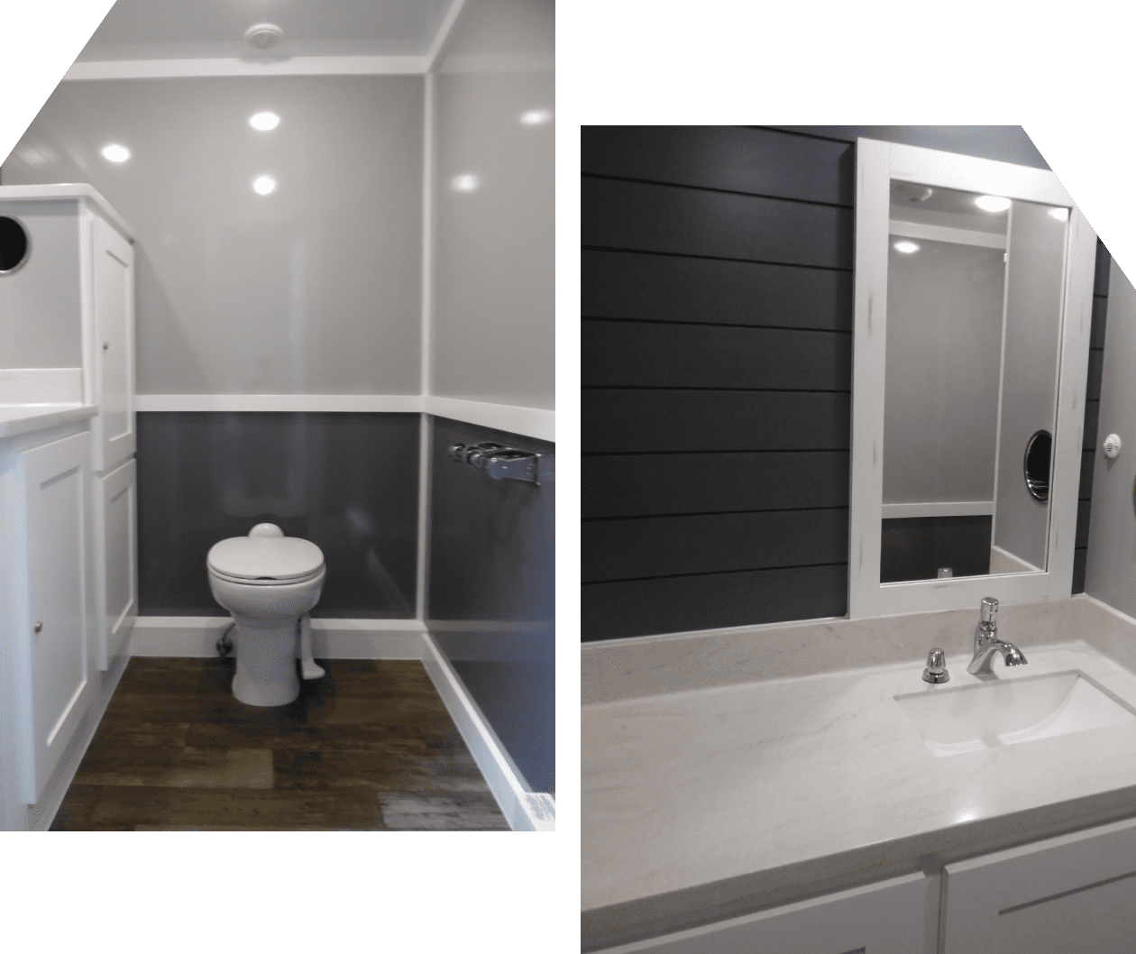 Modern bathroom with a white toilet and sink, dark walls, and sleek fixtures.
