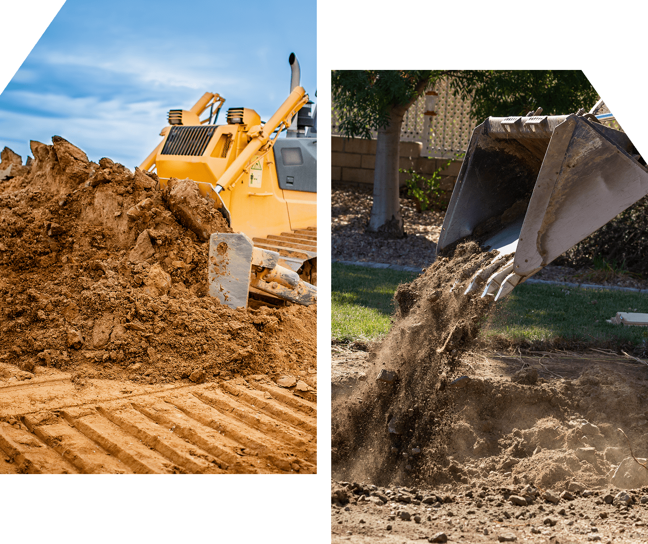 Heavy machinery moving large amounts of dirt on construction sites.